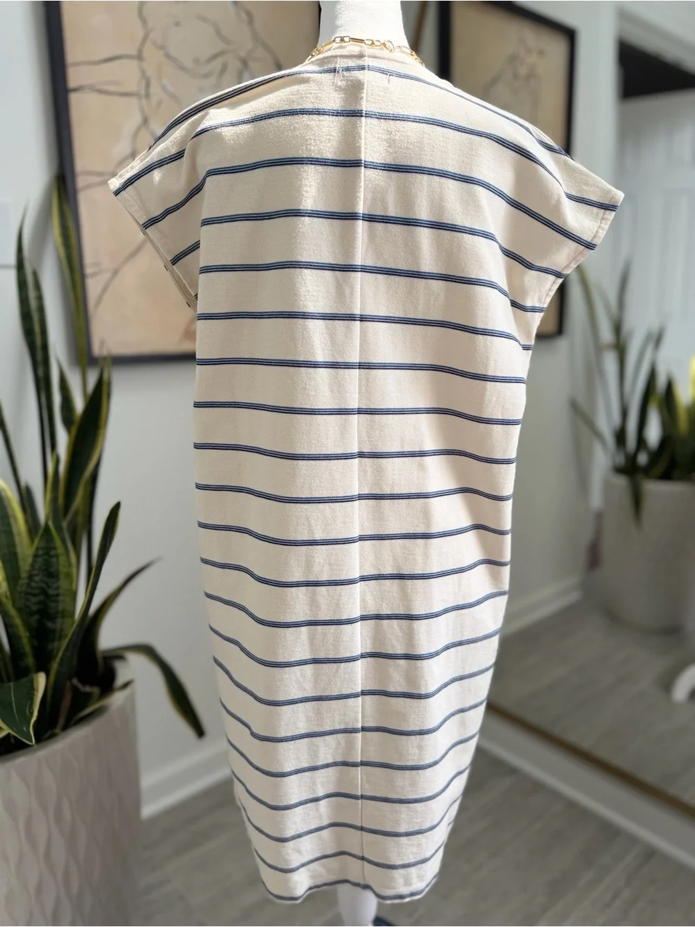 Madewell Womens M Striped Shift Dress Navy Ivory V Neck Sleeveless Coastal